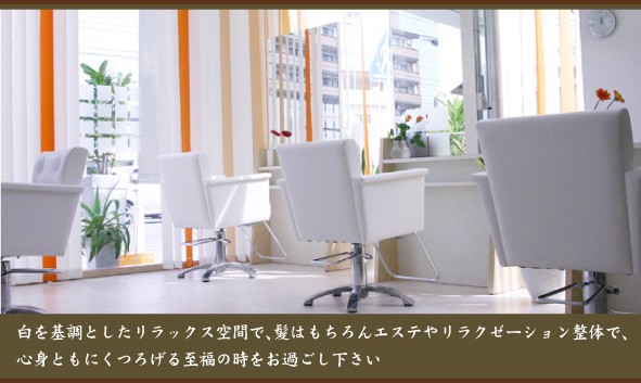 美容室ジャパンヘアーは、白を貴重としたリラックス空間が自慢の美容室です。髪はもちろんエステやリラクゼーション整体で心身ともにくつろげる至福の時が過ごせる美容室です。当美容室では、カットにパーマ、ストレートに縮毛矯正、最近話題のウォータープレミアムシリーズも対応しております。美容室をお探しなら是非一度ご来店下さい。また、当美容室ではカットやカラー、パーマなどの日頃の手入れや髪のご相談も気軽承ります！