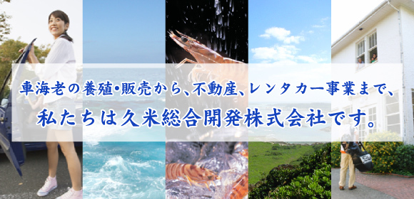 車海老の養殖・販売から、不動産、レンタカー事業まで、私たちは久米総合開発株式会社です。
沖縄の車海老は全国一の生産量、久米島の車海老をどうぞご堪能ください。